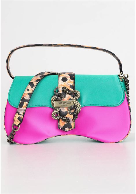 Women's bag with multicolor spotted, green and fuchsia print with lettering and snake logo plaque JUST CAVALLI | Bags | 76RA4BA1ZSA93QW9