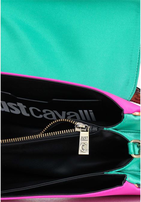 Women's bag with multicolor spotted, green and fuchsia print with lettering and snake logo plaque JUST CAVALLI | Bags | 76RA4BA1ZSA93QW9