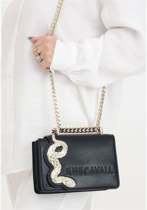 Borsa da donna nera placca metallo dorato serpente con lettering logo JUST CAVALLI | Borse | 76RA4BN3ZS766899