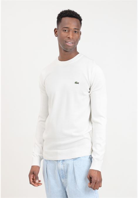 White men's sweater with crocodile logo patch LACOSTE | Knitwear | AH198570V
