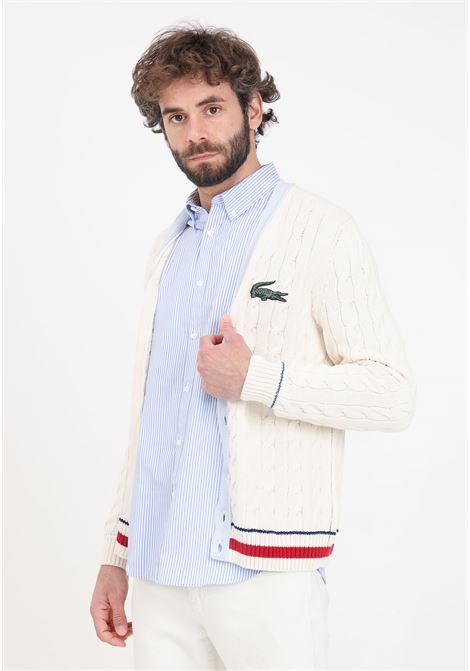 Men's cream cable-knit cardigan with logo patch on the chest LACOSTE | Cardigan | AH6447IQW