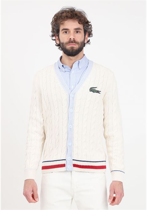 Men's cream cable-knit cardigan with logo patch on the chest LACOSTE | Cardigan | AH6447IQW