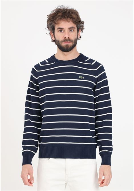Blue and white striped men's sweater with logo patch LACOSTE | Knitwear | AH7607XCH