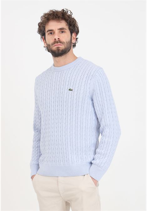 Light blue men's sweater with woven texture and logo patch LACOSTE | Knitwear | AH7627IT6