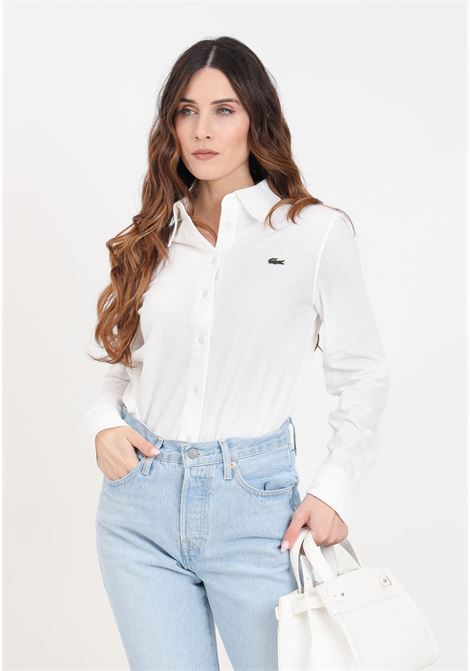 Camicia da donna bianca con patch logo coccodrillo LACOSTE | Camicie | CF945970V