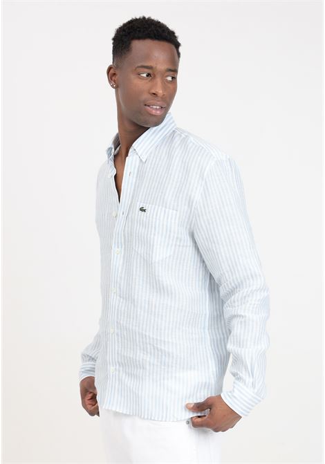 Camicia da uomo bianca e celeste con patch logo coccodrillo LACOSTE | Camicie | CH6985E7B