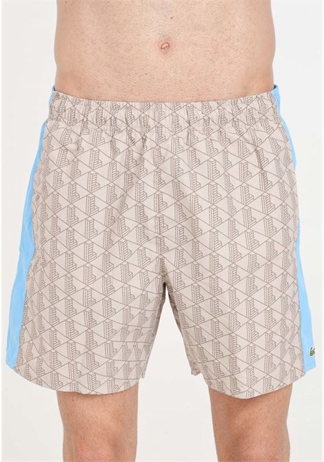 Shorts mare da uomo marroni stampa monogram allover LACOSTE | Beachwear | MH6980IRF