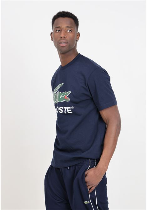 T-shirt da uomo blu notte con stampa logo e patch logo coccodrillo LACOSTE | TH1285166