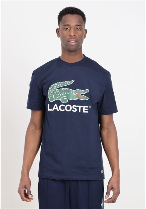 T-shirt da uomo blu notte con stampa logo e patch logo coccodrillo LACOSTE | TH1285166