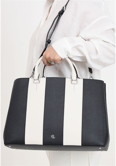 Black and white women's bag with silver metal logo plate LAUREN RALPH LAUREN | 431934897001BLACK/SOFT WHITE STRIPE