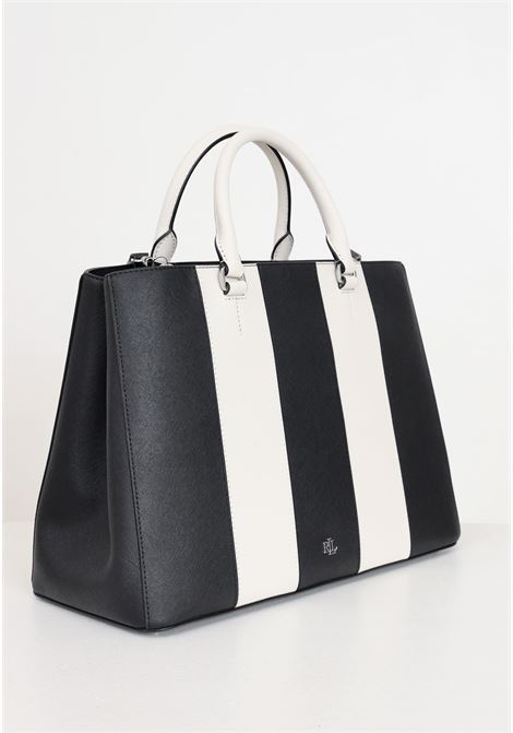 Black and white women's bag with silver metal logo plate LAUREN RALPH LAUREN | 431934897001BLACK/SOFT WHITE STRIPE