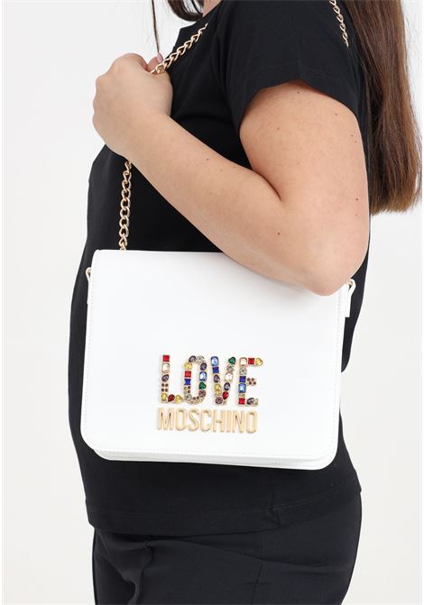 White women's bag with logo lettering and multicolor rhinestones LOVE MOSCHINO | JC4334PP0IKJ0100