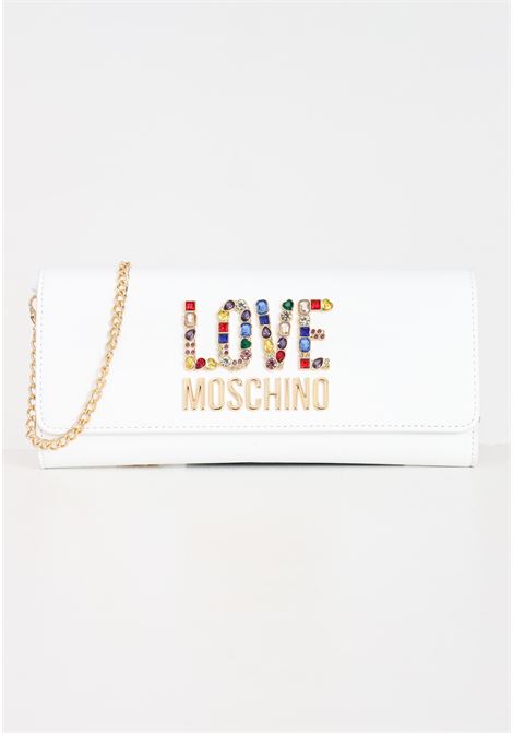 Clutch da donna bianca con catena rhinestone logo LOVE MOSCHINO | JC4335PP0IKJ0100