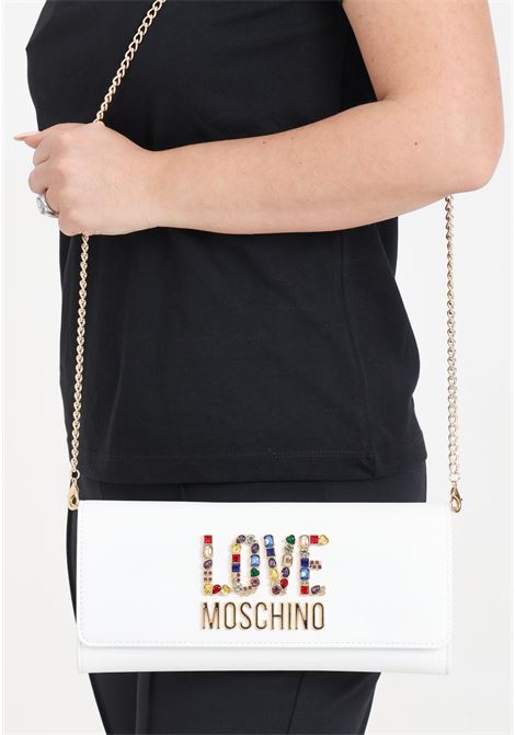 White women's clutch with rhinestone logo chain LOVE MOSCHINO | JC4335PP0IKJ0100