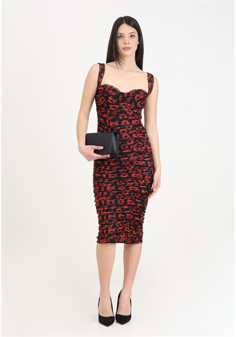 Women's midi dress with black ruffles and poppy pattern Mar de margaritas | MMABW00032-MTFI0016FN00