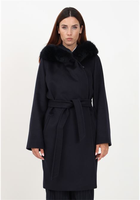 Cappotto blu da donna con cappuccio e pelliccia di volpe MAX MARA | Cappotti | 2360161139600010