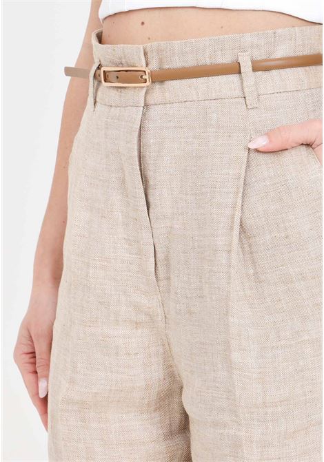Beige women's palazzo trousers in linen MAX MARA | 2416131032600003