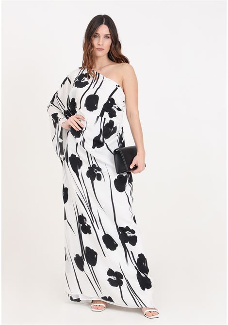 Long black and white one-shoulder women's dress in printed silk MAX MARA | Dresses | 2416221024600001