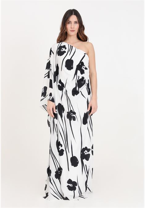 Long black and white one-shoulder women's dress in printed silk MAX MARA | Dresses | 2416221024600001