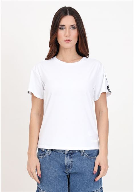 T-shirt donna bianca con nastro logato e logo in gomma MOSCHINO | T-shirt | A070444060001