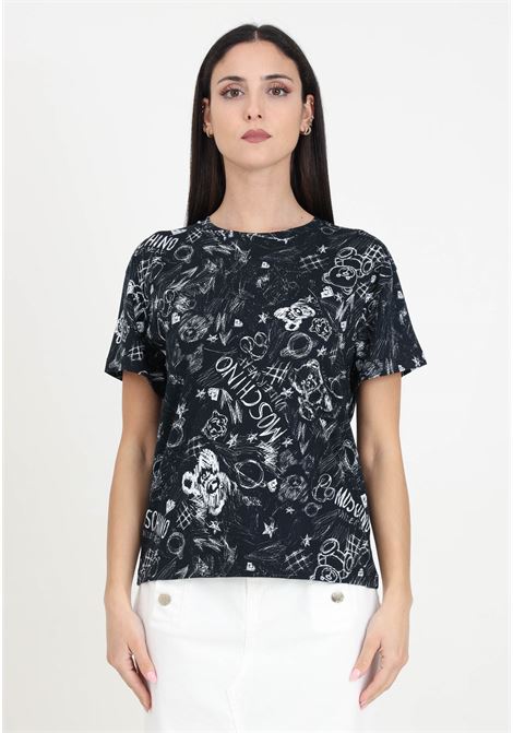 T-shirt da donna nera con stampa allover con schizzi MOSCHINO | A070544121555