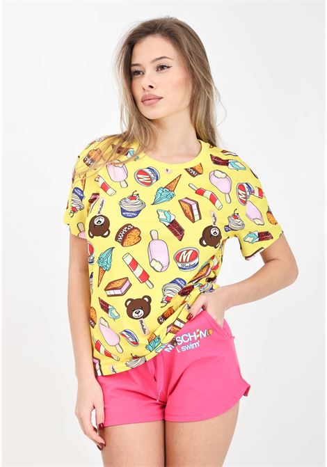 T-shirt da donna gialla con stampa allover disegni MOSCHINO | A070794131028