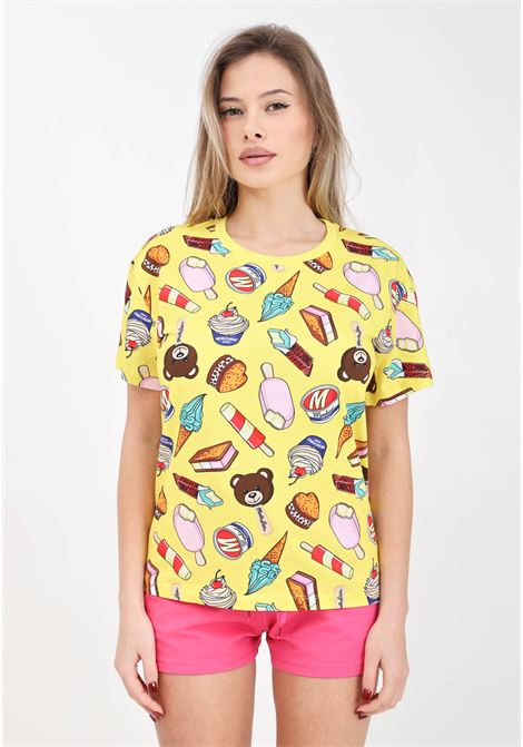 T-shirt da donna gialla con stampa allover disegni MOSCHINO | T-shirt | A070794131028