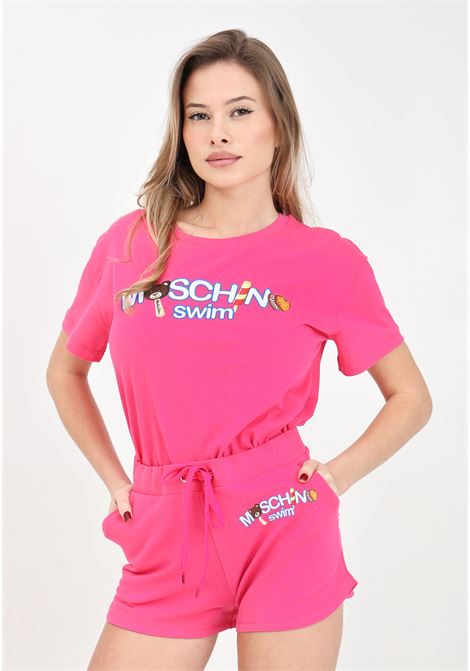 T-shirt da donna fucsia con stampa multicolor MOSCHINO | A070994090206