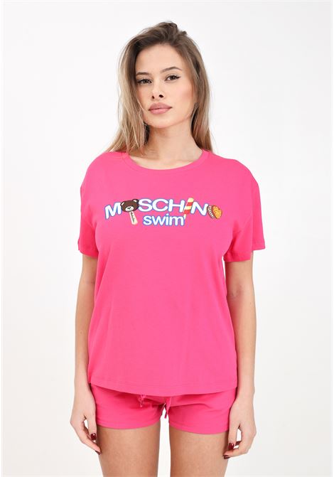 T-shirt da donna fucsia con stampa multicolor MOSCHINO | A070994090206