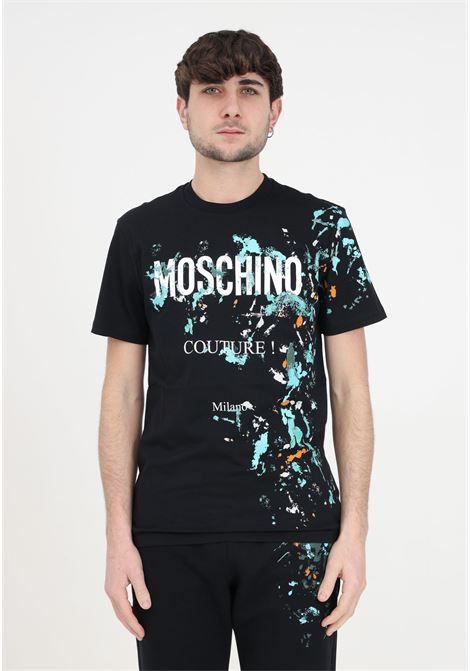 T-shirt da uomo nera con logo e stampa MOSCHINO | A071220411555