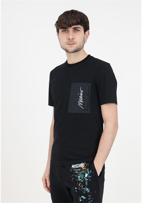 T-shirt da uomo nera con logo embroidery MOSCHINO | A071302392555