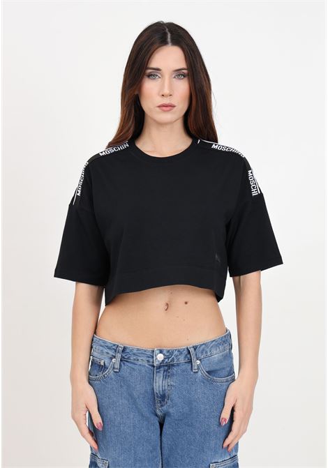 T-shirt donna nera con nastro logato e logo in gomma MOSCHINO | T-shirt | A071544060555
