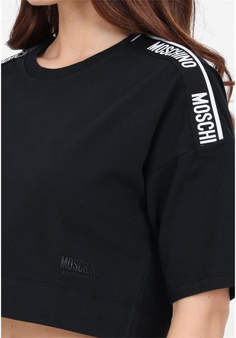 T-shirt donna nera con nastro logato e logo in gomma MOSCHINO | T-shirt | A071544060555