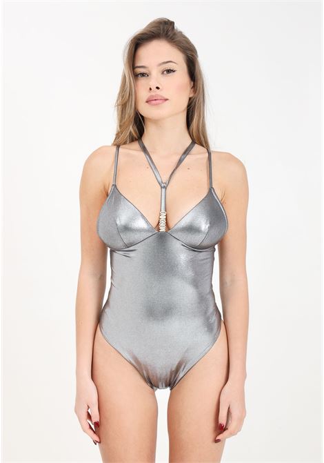 Metallic silver women's monokini with golden metal detail MOSCHINO | Beachwear | A490594050555