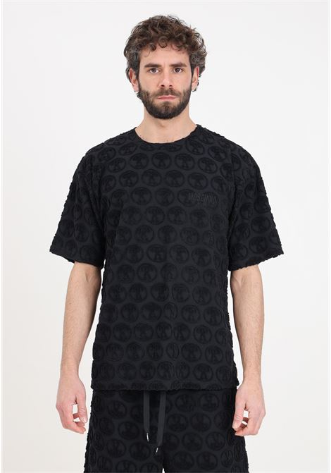 T-shirt uomo nera con dettaglio logo allover in spugna MOSCHINO | A670294060555