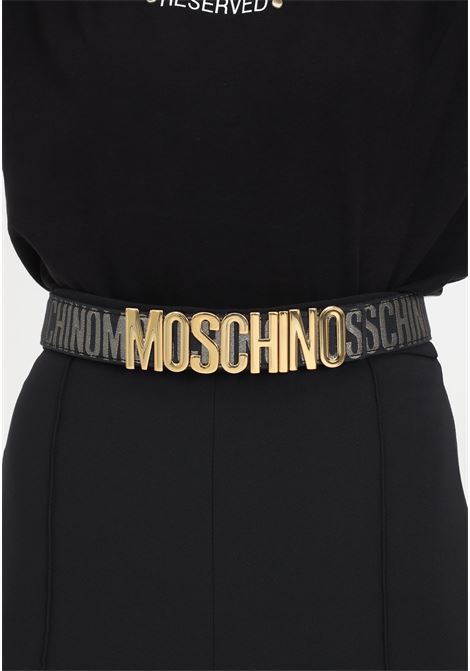 Black women's belt with black base with all over gold lettering logo MOSCHINO | Belts | A801082692555