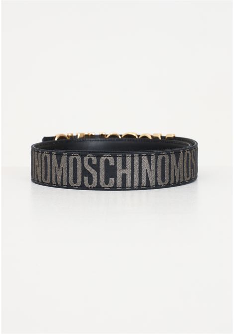Black women's belt with black base with all over gold lettering logo MOSCHINO | Belts | A801082692555