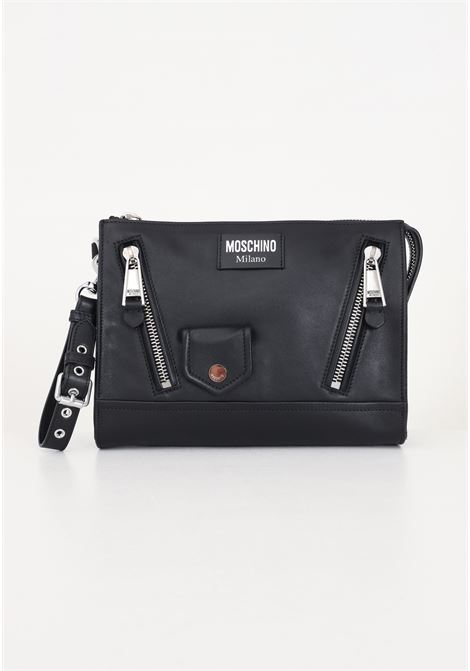 Black women's and men's leather clutch bag with zipper element and pocket MOSCHINO | Bags | A840280020555