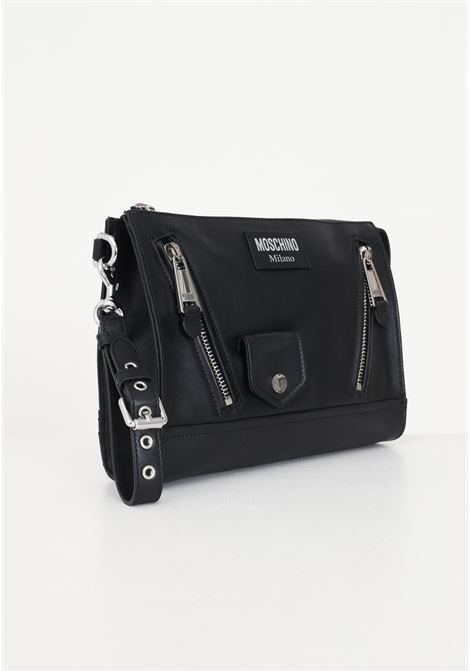Black women's and men's leather clutch bag with zipper element and pocket MOSCHINO | Bags | A840280020555