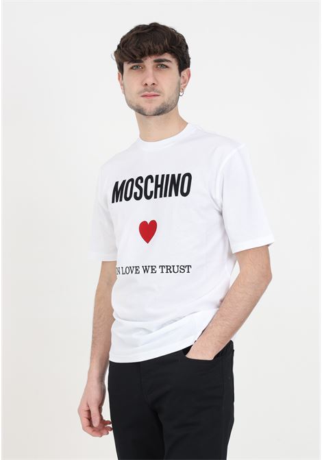 In love we trust men's white t-shirt MOSCHINO | J071402411001