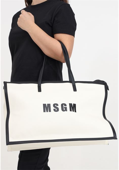 Borsa mare da donna color ecrù e nero con stampa logo MSGM | S4MSJGBA048012-03
