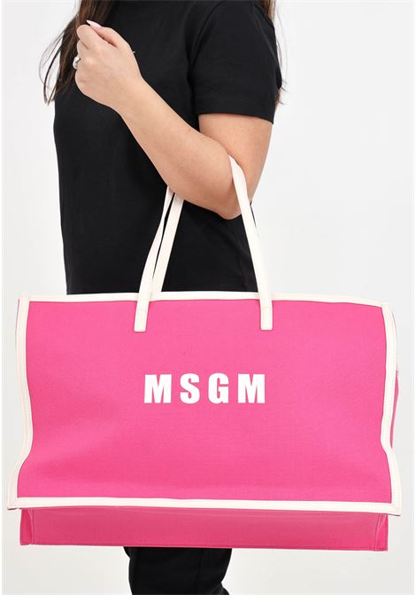 Borsa mare da donna fucsia e crema con stampa logo MSGM | S4MSJGBA048044
