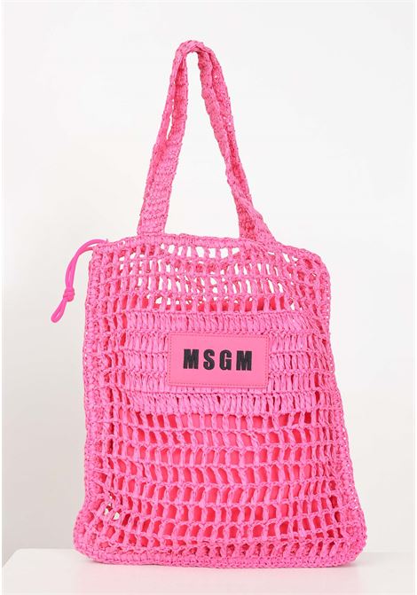 Fuchsia women's beach bag with woven perforated texture and logo patch MSGM | S4MSJGBA059044