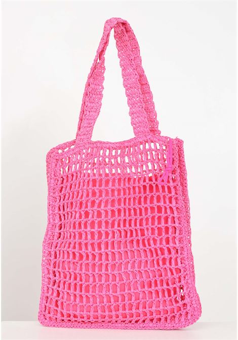 Fuchsia women's beach bag with woven perforated texture and logo patch MSGM | S4MSJGBA059044