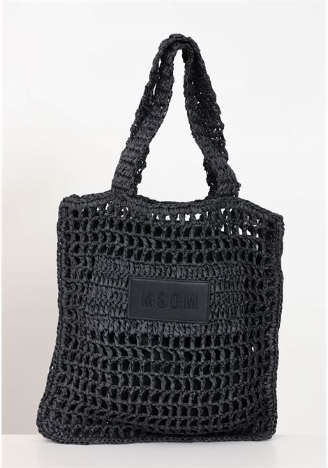 Black women's beach bag with woven perforated texture and logo patch MSGM | S4MSJGBA059110