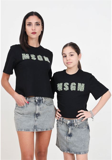 T-shirt nera donna bambina con applicazione logo MSGM | S4MSJGTH122110
