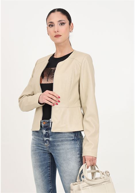 Beige women's leather jacket with front zip ONLY | 15242271White Pepper