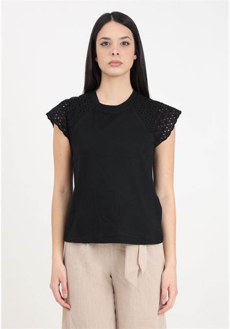 Black women's t-shirt with broderie anglaise straps ONLY | 15319632Black