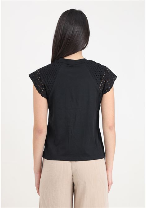 Black women's t-shirt with broderie anglaise straps ONLY | 15319632Black
