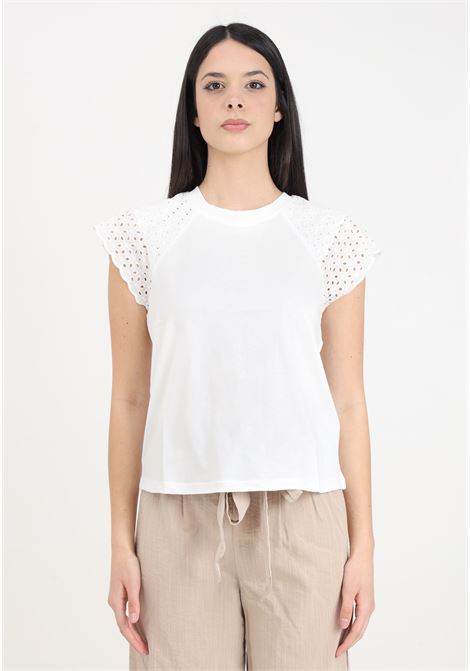 T-shirt bianca da donna con spalline in pizzo sangallo ONLY | 15319632Cloud Dancer